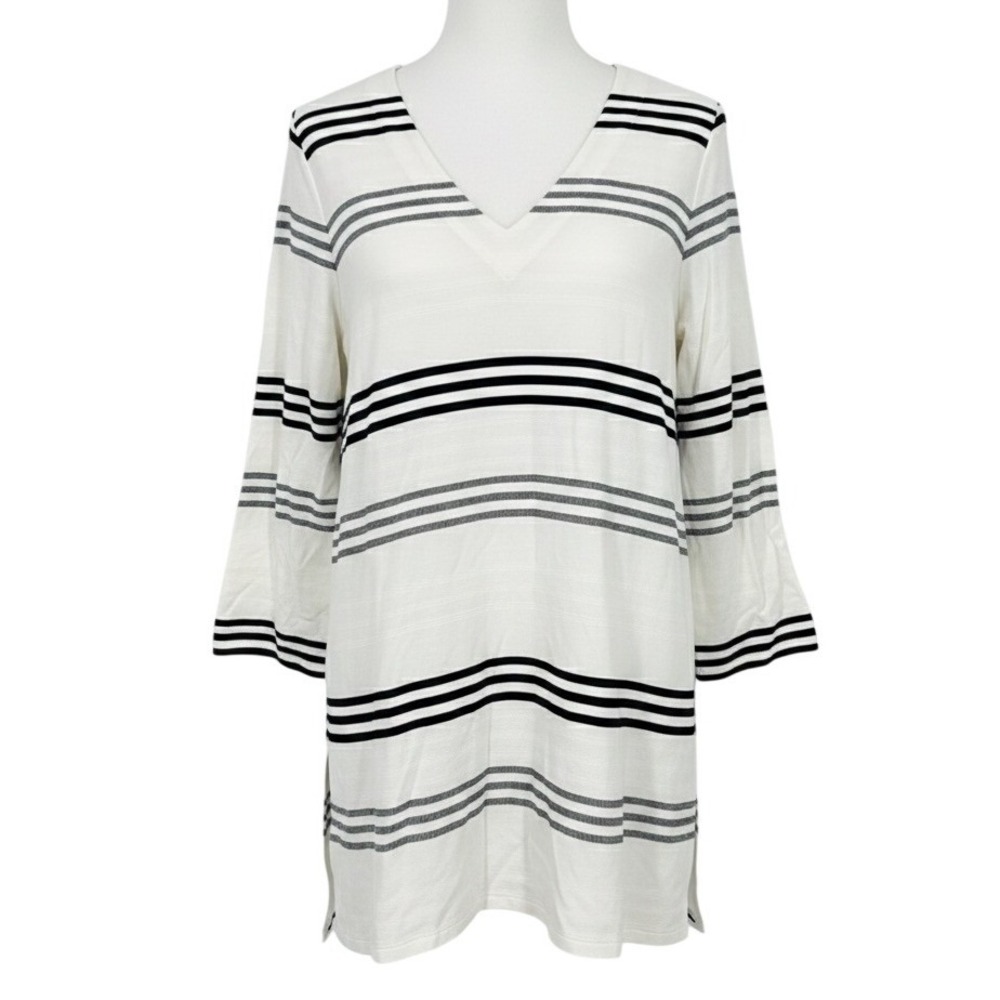 NEW J Jill‎ Wearever PETITE SMALL Striped V-Neck Tunic Top White Black - AC